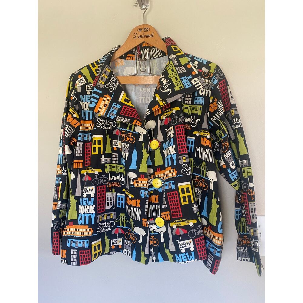 Novelty Print NYC Jacket Approx 2X / 18-20 Brooklyn Statue of Liberty Cab Ferry